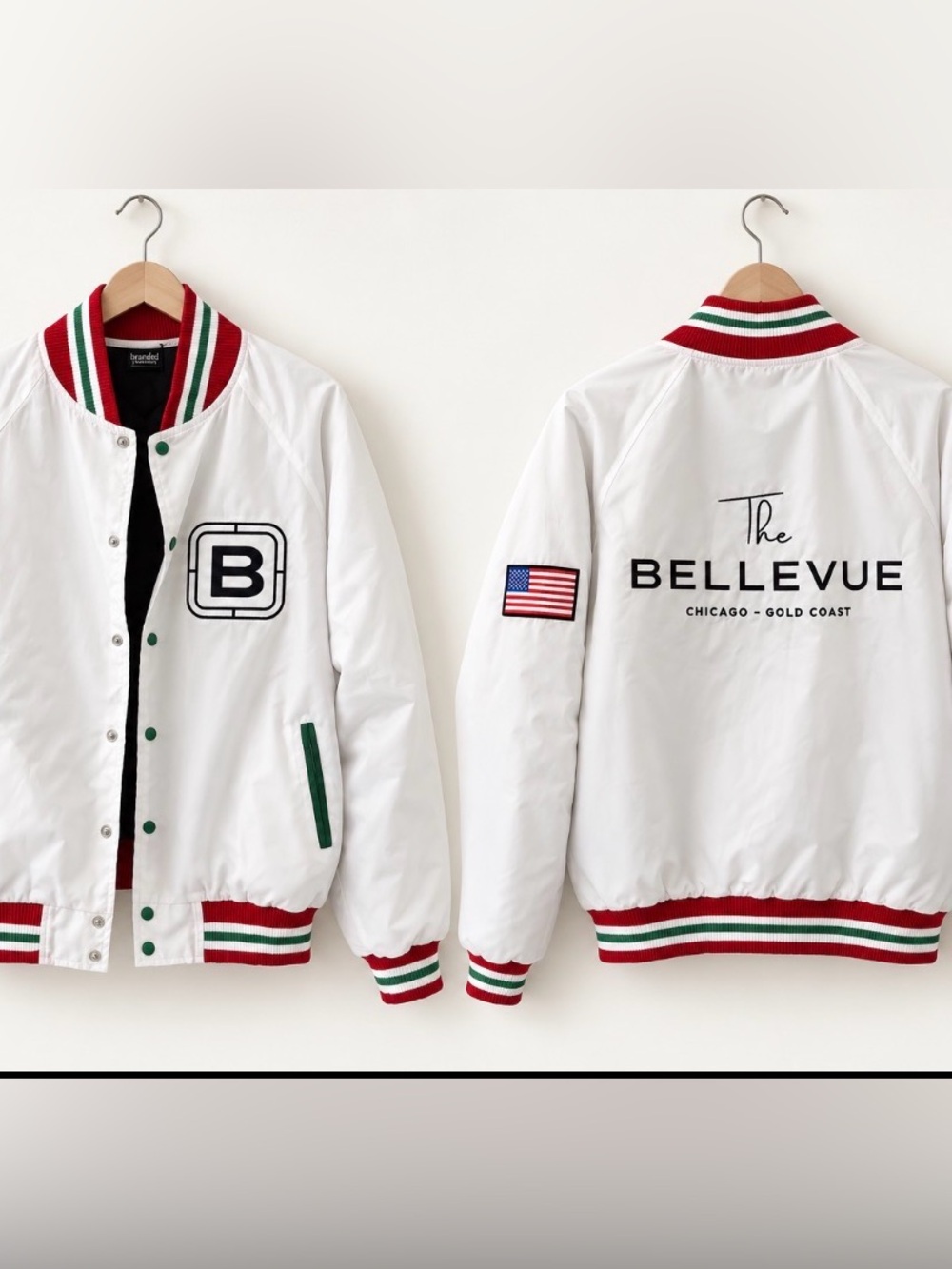 Chicago Bellevue White Varsity Jacket with Red & Green Trim